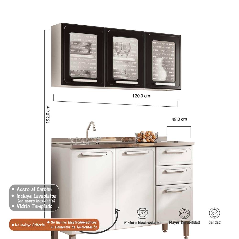 Cocina Integral Gourmet Blanco y Negro 120 cm con Mesón y con Lavaplatos Central - Cocinas | Bylmo