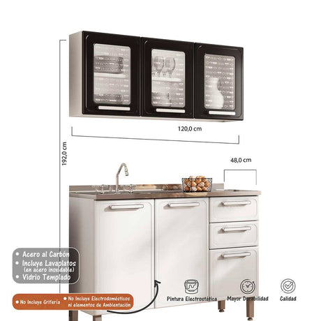 Cocina Integral Gourmet Blanco y Negro 120 cm con Mesón y con Lavaplatos Central - Cocinas | Bylmo