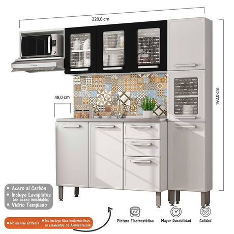 Cocina Integral Gourmet Blanco y Negro 220 cm con Mesón - Cocinas | Bylmo