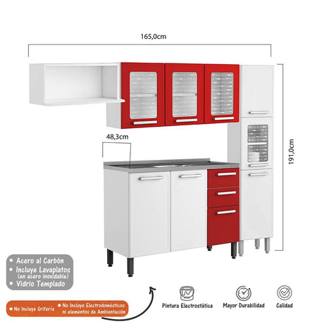 Cocina Integral Gourmet Blanco y Rojo 220 cm con Mesón - Cocinas | Bylmo