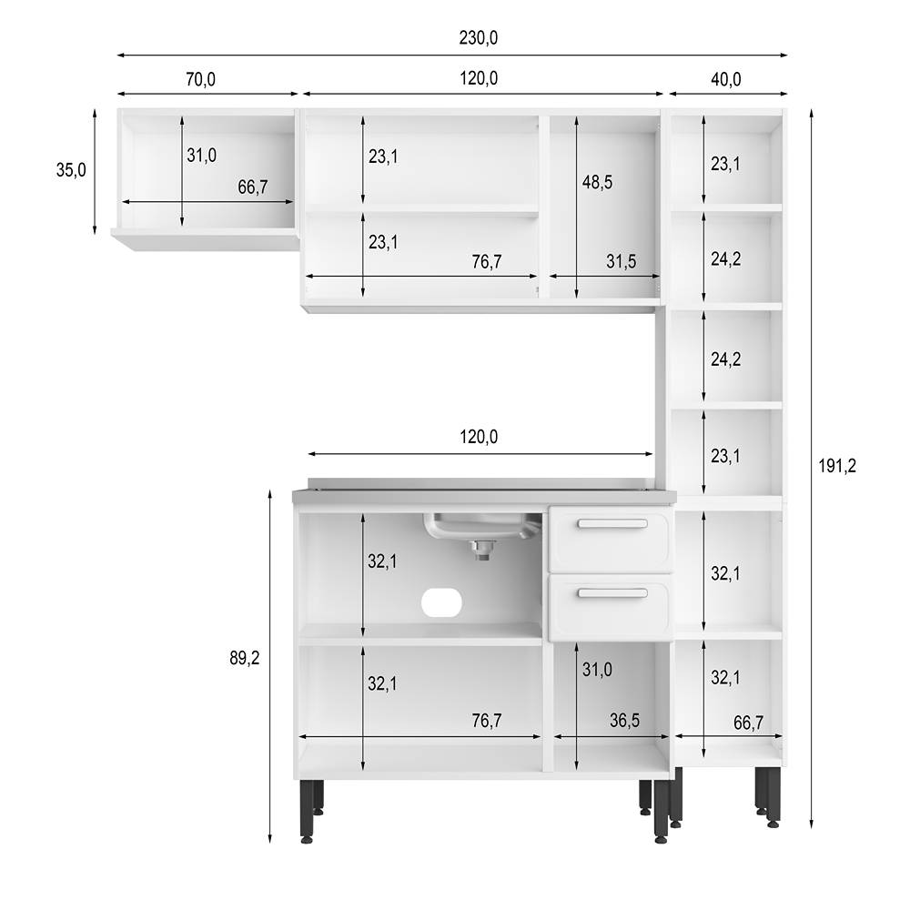 Cocina Integral Gourmet Blanco 220 cm con Mesón - Cocinas | Bylmo