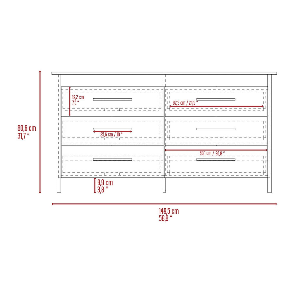 Cómoda HMS Ceniza 149.5x80.6cm De Tres Hileras con Tres Cajones - Cajoneras y Comodas | Bylmo