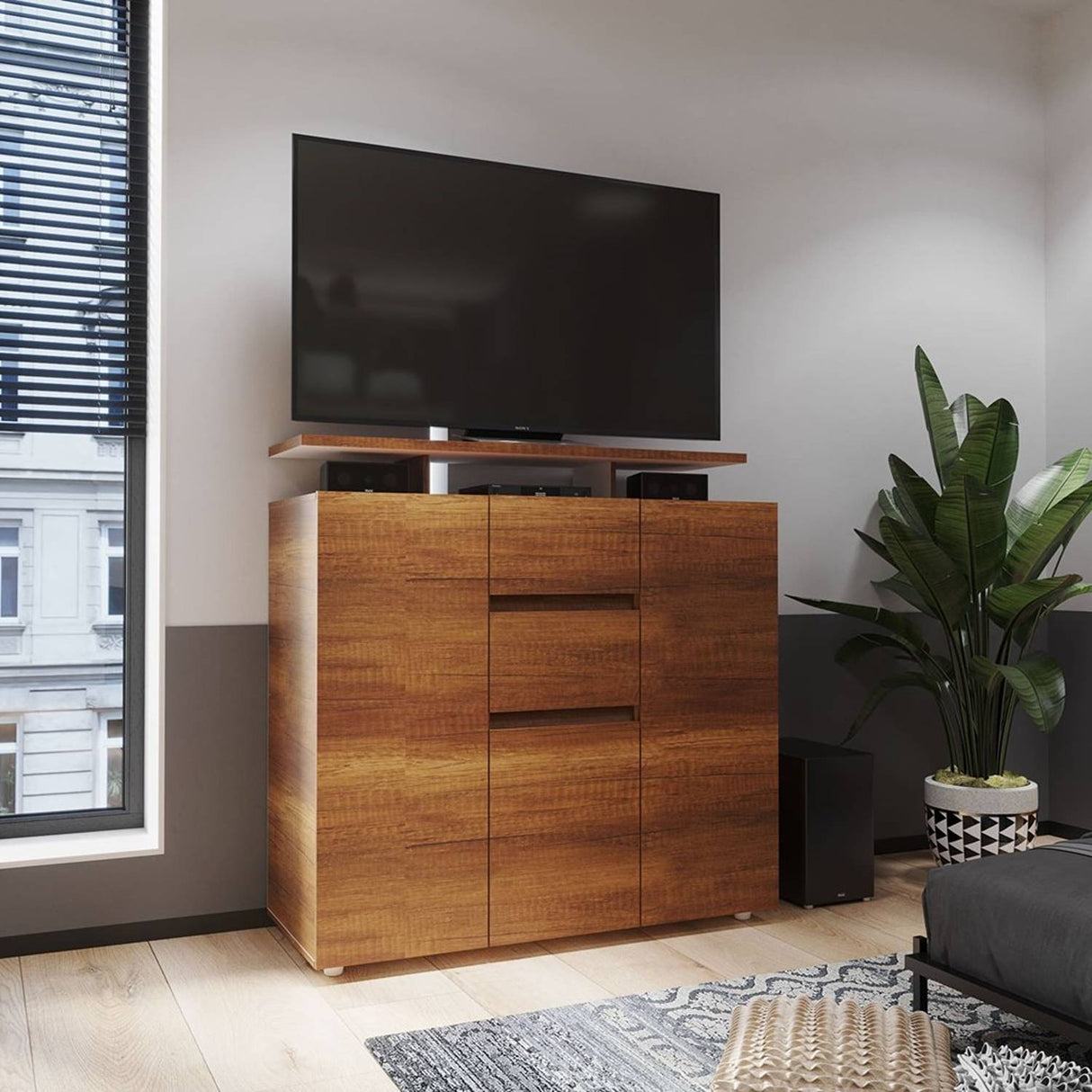 Cómoda Saur Caramelo 120 cm con Tres Puertas y Dos Cajones - Cajoneras | Bylmo