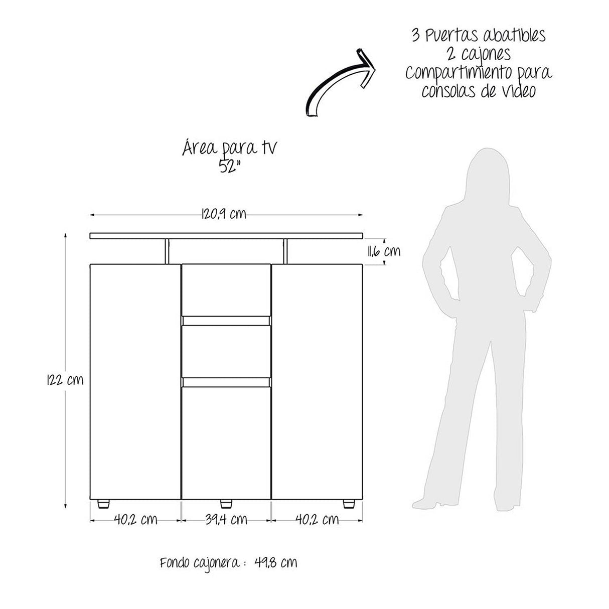 Cómoda Saur Caramelo 120 cm con Tres Puertas y Dos Cajones - Cajoneras | Bylmo
