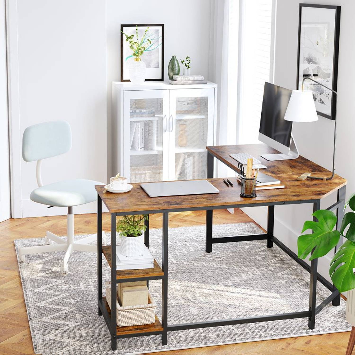 Escritorio en L Tulum Café Rústico y Negro 138 cm con Entrepaños - Escritorios | Bylmo