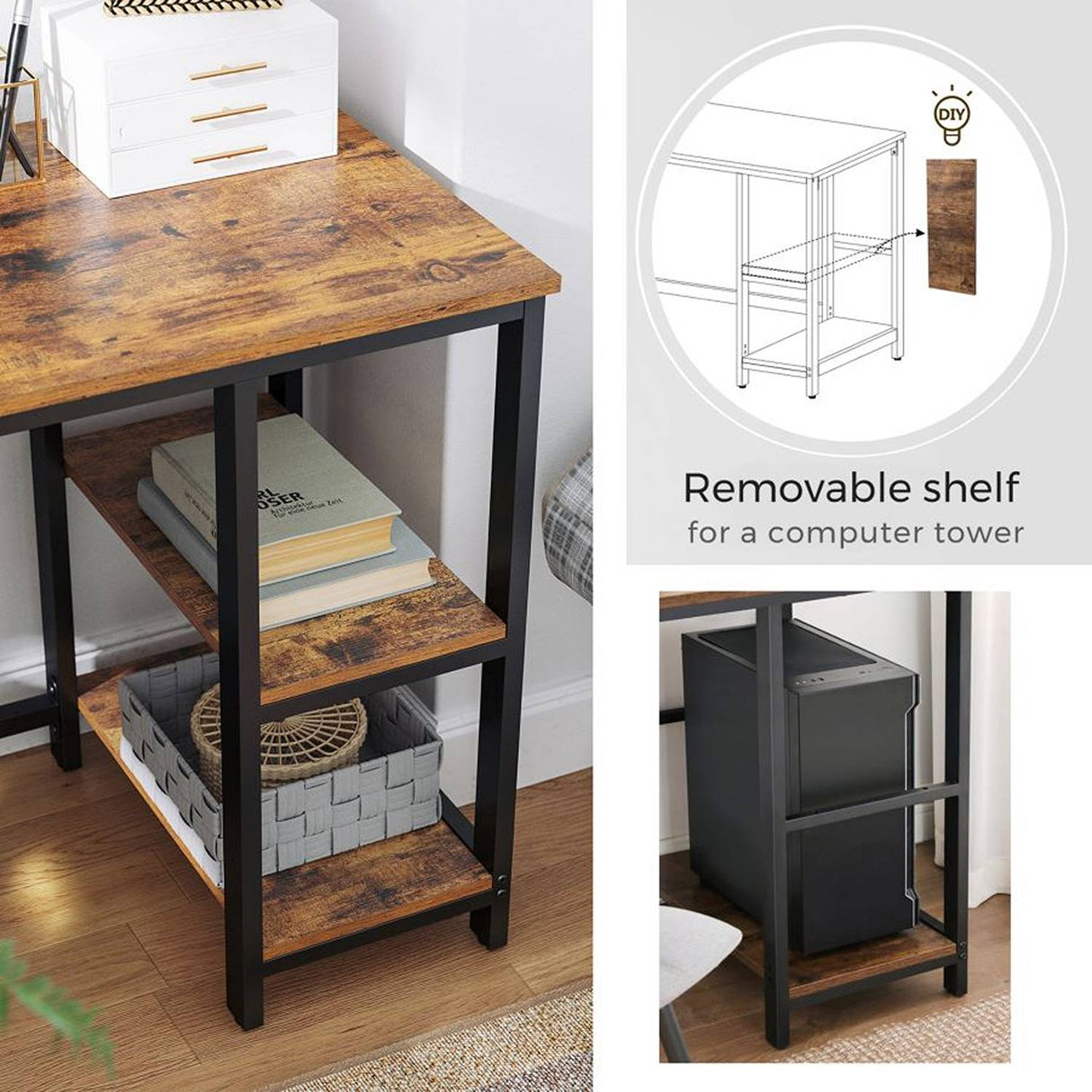 Escritorio en L Tulum Café Rústico y Negro 138 cm con Entrepaños - Escritorios | Bylmo