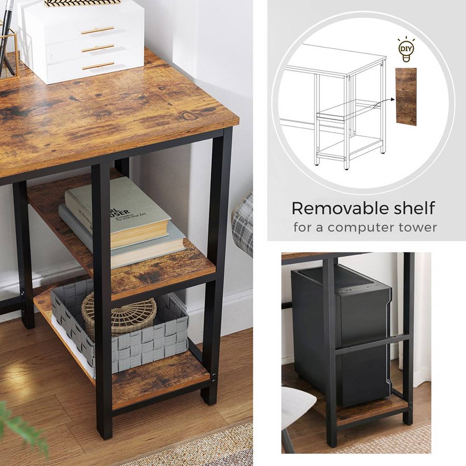 Escritorio en L Tulum Café Rústico y Negro 138 cm con Entrepaños - Escritorios | Bylmo