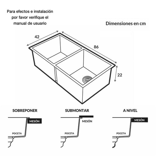 Lavaplatos Doble de Submontar Chall Acero 86 cm