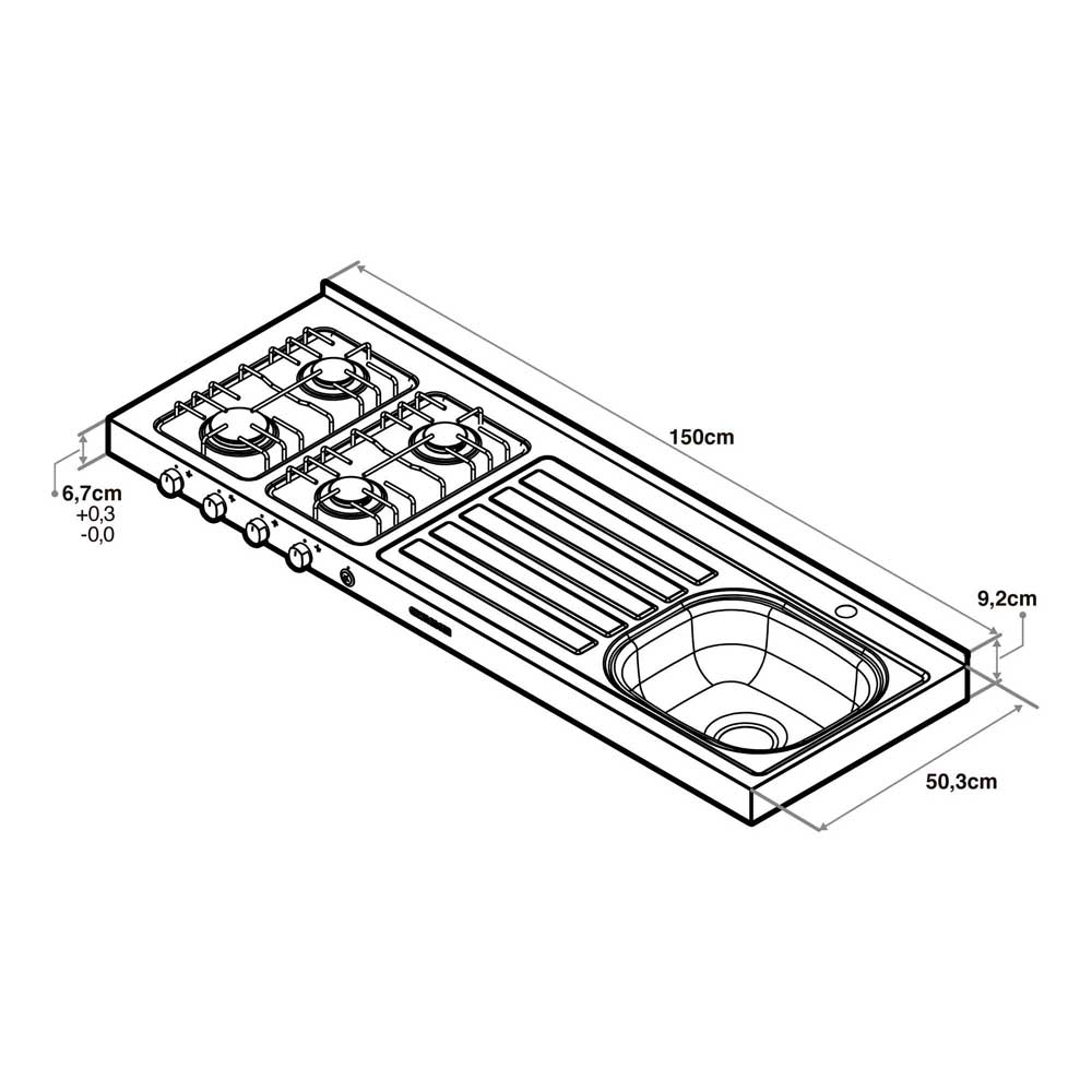 Mesón Derecha Noris Acero 150 cm - Muebles Inferiores | Bylmo