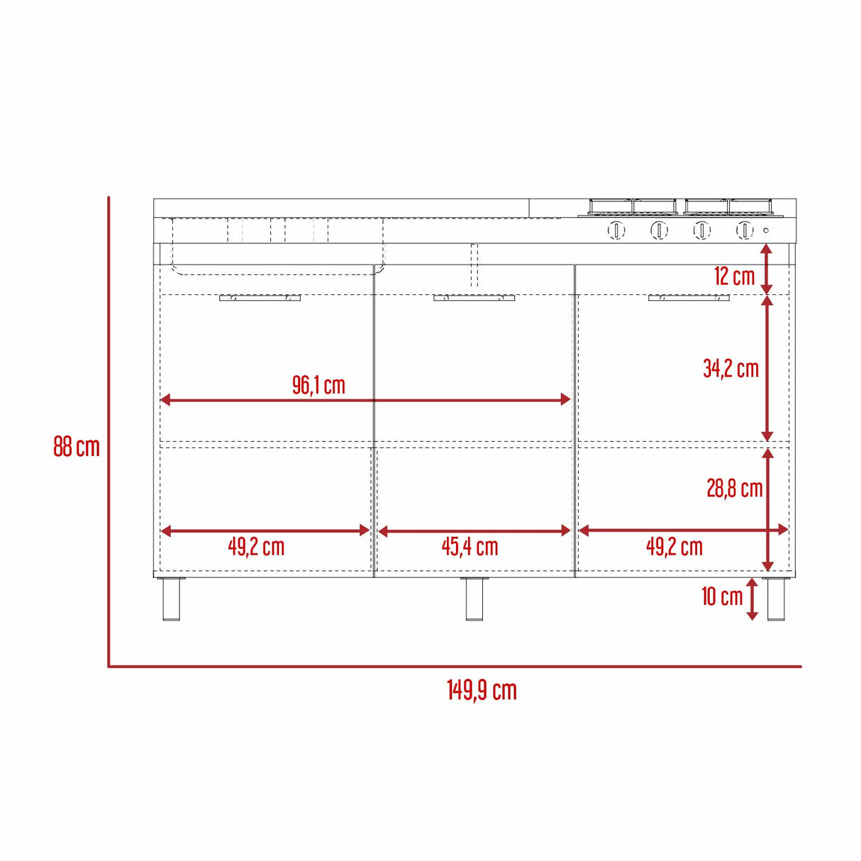 Mueble Inferior con Tres Puertas Lares Duna y Blanco 150 cm Sin Mesón - Cocinas | Bylmo