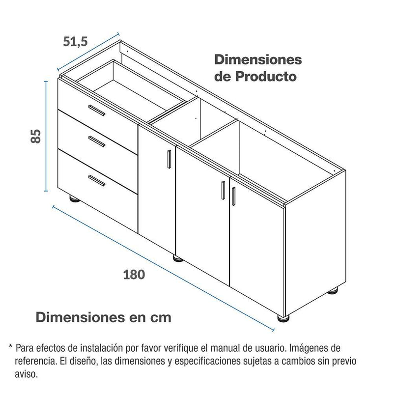 Mueble Inferior con Tres Puertas y Tres Cajones Louis Dark 180 cm