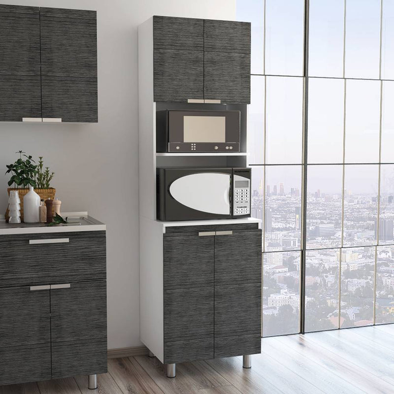 Mueble Microondas Fendi Roble Gris y Blanco 60 cm con Cuatro Puertas