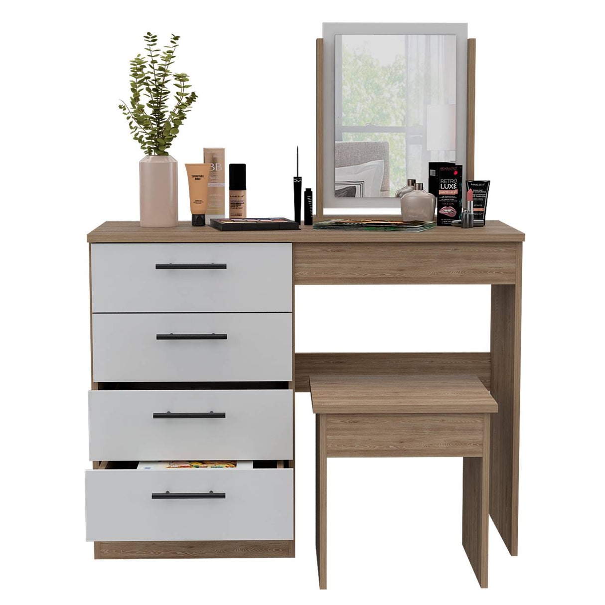 Tocador Kaia Miel y Blanco 100x42.5cm de Un Puesto con Cuatro Cajones con Espejo y con Una Silla - Tocadores | Bylmo