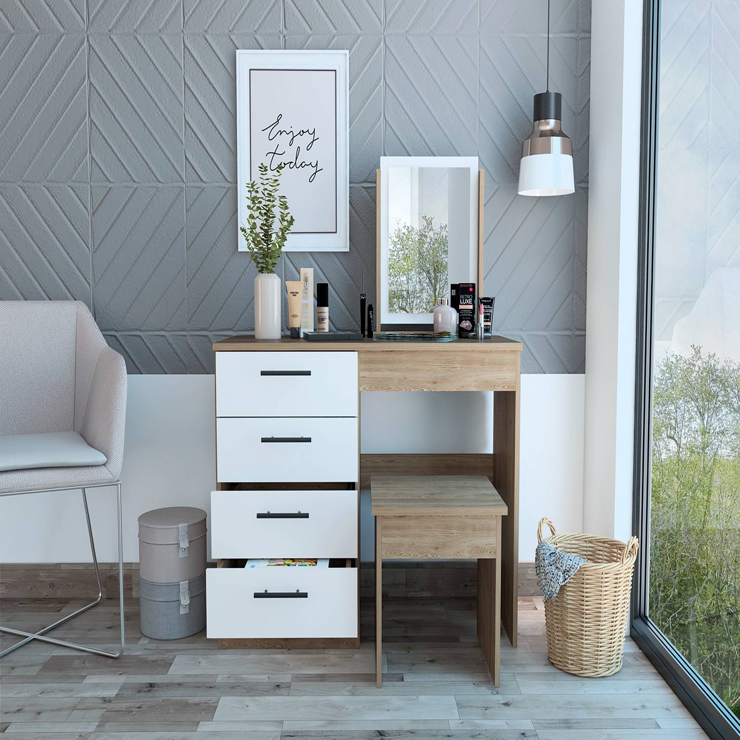 Tocador Kaia Miel y Blanco 100x42.5cm de Un Puesto con Cuatro Cajones con Espejo y con Una Silla - Tocadores | Bylmo