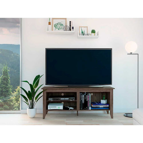 Rack de TV Essential Lite Coñac 147x61cm Para TV Hasta 65 Pulgadas sin Cajones con Ranuras para Cables y con Patas - Muebles de TV | Bylmo